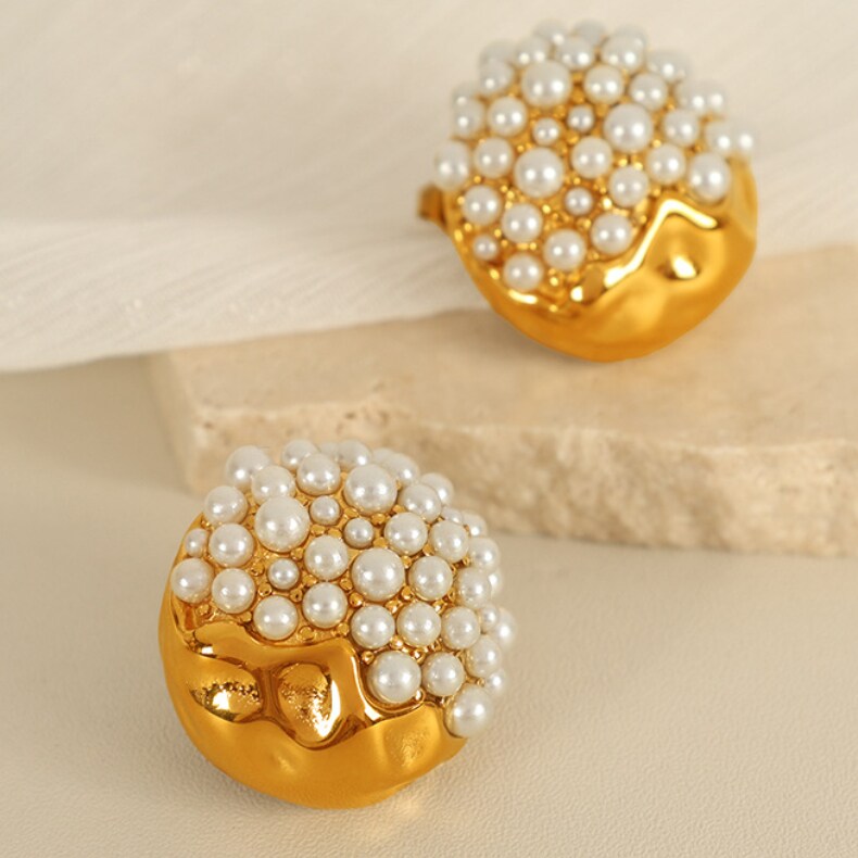 1 Pair Luxurious Series Retro Geometric Stainless Steel 18K Gold Color Plated Rhinestone Artificial Pearl Women's Stud Earrings h5 